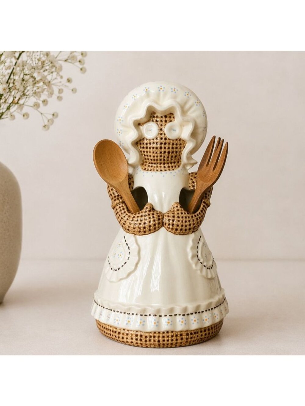 Sittre Rag Doll Utensil Holder VTG Kitsch Farmhouse Kitchen Cottage Spoon Crock